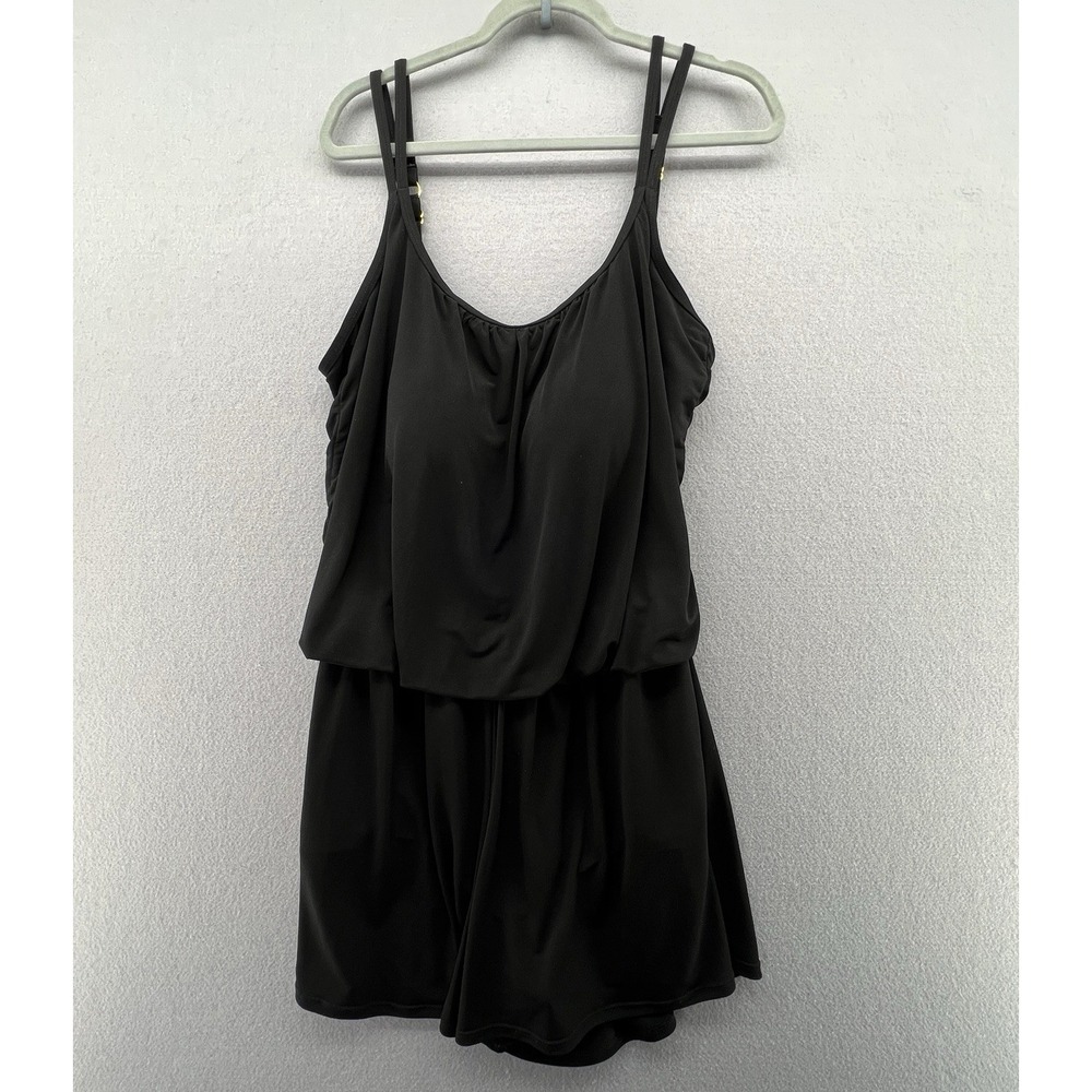 Maxine Of Hollywood Womens One Piece Black Swimsuit Swim Dress with Pockets 1X